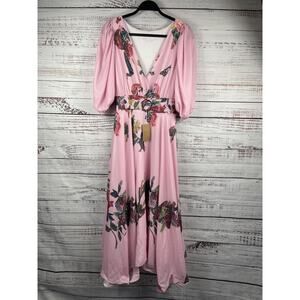 SooLinen Dress Women's Size M Pink Floral Maxi Puff Sleeve Belted V Neck